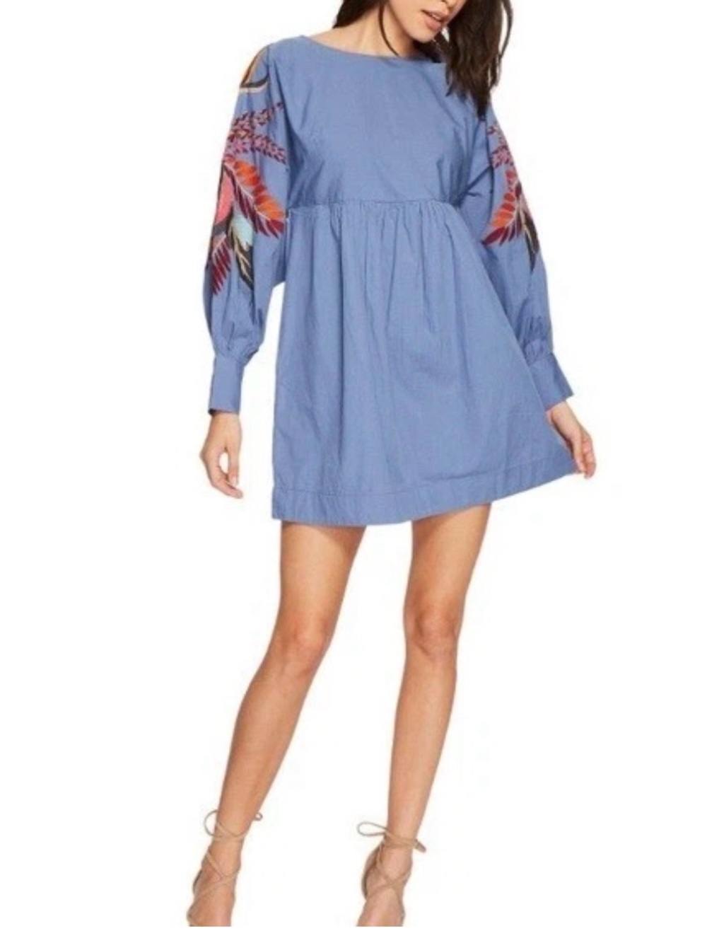 Free People Mini Obsessions Dress Blue Embroidered Sleeve like new